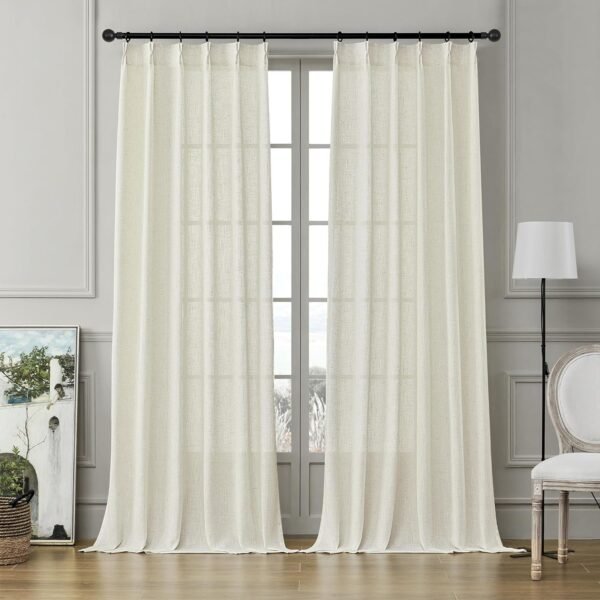 Pleated Linen Curtains 96 Inches Long for Living Room 2 Panel Set, Semi Sheer Pinch Pleat Back Tab Drapes with Hooks Neutral Boho Light Filtering Curtain for Bedroom Window 8 Ft W38xL96