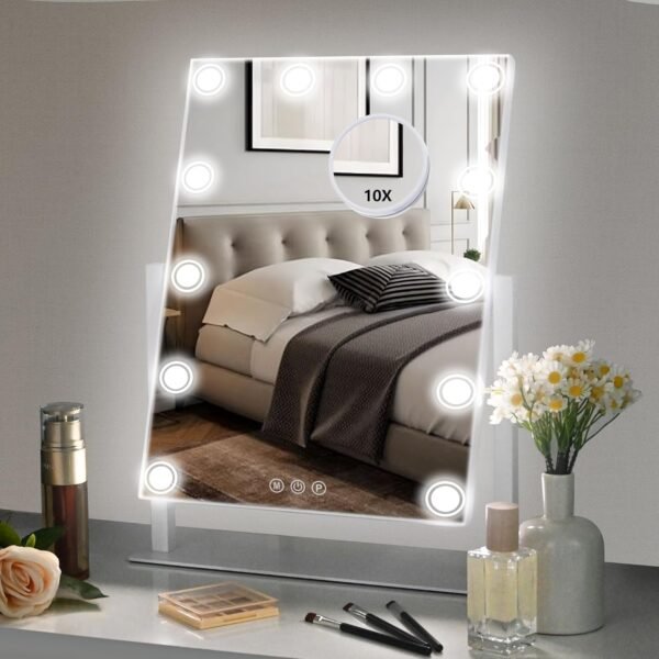Lighted Makeup Mirror, 14"x 12" Hollywood Vanity Mirror with 9 LED Bulbs, 3 Color Lights, and Detachable 10X Magnification Mirror, 1200mAh Rechargeable, Touch Control, 360°Rotation (White)