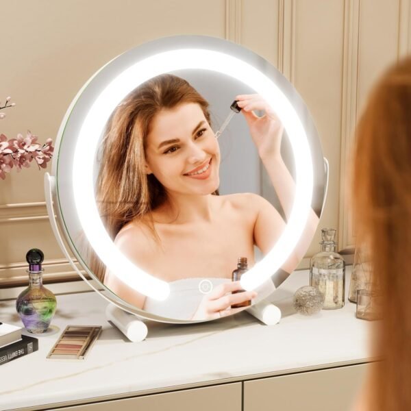 13 Inch Vanity Mirror with Lights, LED Makeup Mirror for Bedroom Makeup, Light up Mirror Smart Touch Control 3 Colors Dimmable, 360 Rotation (White)