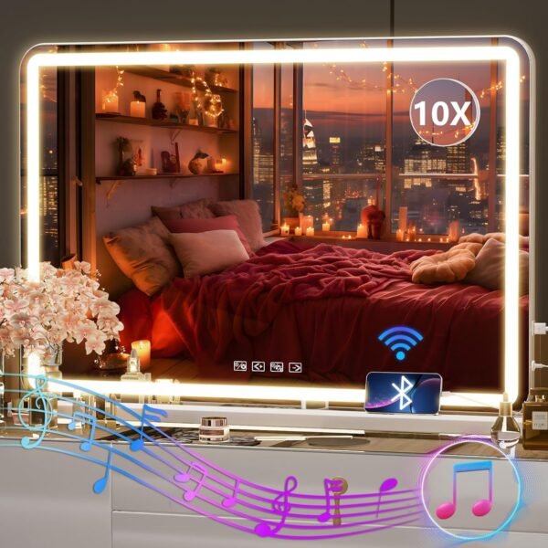 Vanity Mirror with Lights, 10"×12" LED Makeup Mirror, Lighted Makeup Mirror with Lights, Smart Touch Control Dimmable 3 Modes Light 360°Rotation White