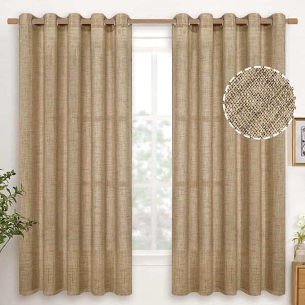 Natural Linen Curtains 63 Inch Length 2 Panels Bronze Grommet Linen Textured Short Window Drapes Light Filtering for Living Room Bedroom, 52 X 63 Inch