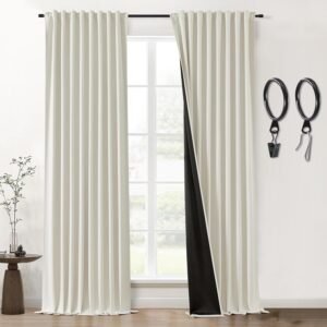 Blackout Curtains 96 Inches Long 2 Panel Set for Living Room,Black Out Room Darkening Thermal Pleated Back Tab Hooks Rings Pleat 8 FT Track Ceiling to Floor Length Curtains for Bedroom Window,Cream