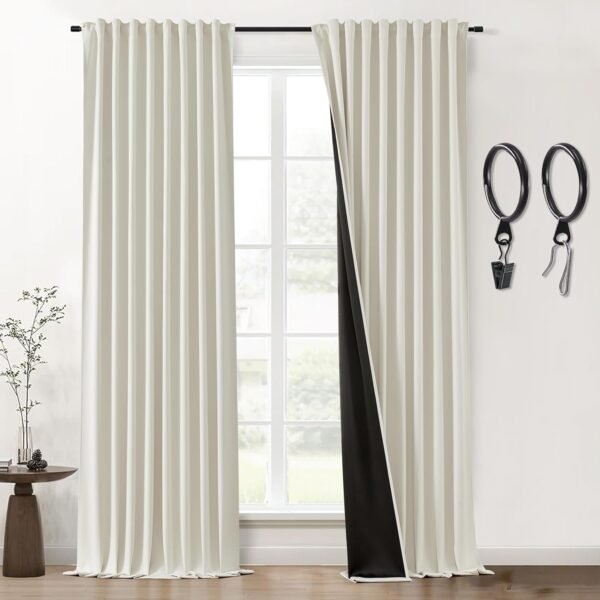 Blackout Curtains 96 Inches Long 2 Panel Set for Living Room,Black Out Room Darkening Thermal Pleated Back Tab Hooks Rings Pleat 8 FT Track Ceiling to Floor Length Curtains for Bedroom Window,Cream