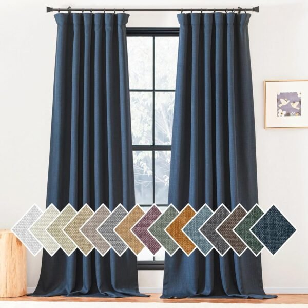 Faux Linen Curtains 90 inches Long for Doorway, Pinch Pleated Thick Room Darkening Window Treatments Noise Reducing Privacy for Living Room/Bedroom, Natural, W34 x L90, 2 Panels
