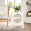 Rattan Nightstand, End Side Table with 2 Rattan Drawers, Wood Square Bedside Table with Storage, Accent Sofa Table for Home Office Living Room Bedroom, White