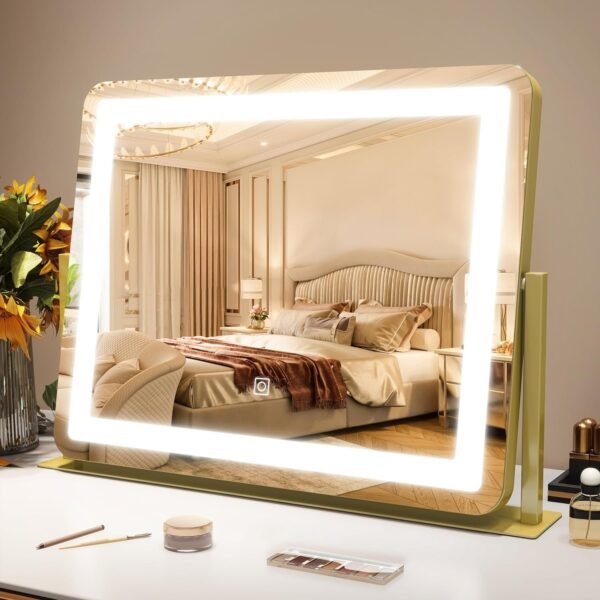 Lighted Makeup Mirror with Light, 9"x11" Vanity Mirror with Lights, Portable Tabletop Cosmetic Make Up Mirror, Smart Touch Control, Dual Power Supply, 360°Rotation