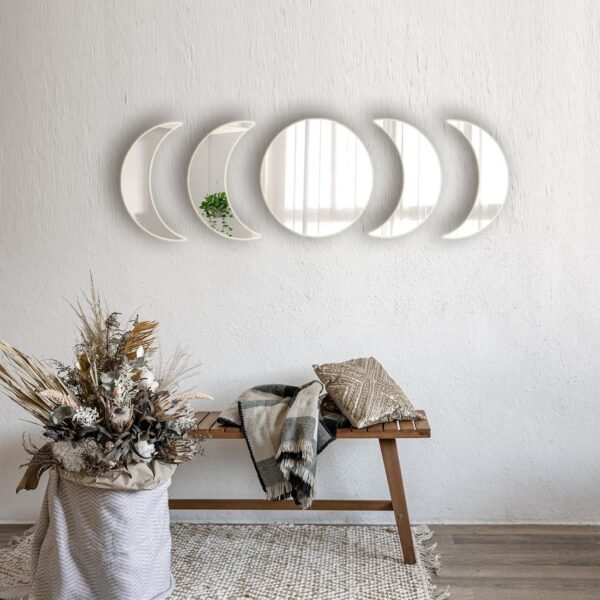 5 Pieces Acrylic Mirror Wall Stickers Natural Wall Decor Self Adhesive Mirrors Stickers Moon Phase Mirror Bohemian Wall Decoration for Home Living Room Bathroom Bedroom Decor (20cm)