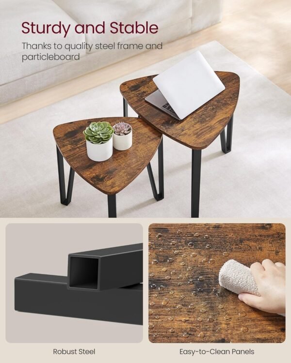 Nesting Coffee Tables, End Tables Set of 2 for Living Room Bedroom, Industrial Small Stacking Side Tables with Metal Frame for Couch, Rustic Brown and Black ULET013B01