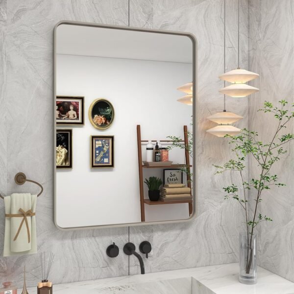 81Fg9ChTxsL._AC_SL1500.jpg 20x30 Silver Bathroom Mirror, Silver Wall Mirror for Vanity, Brushed Metal Framed Rectangle Mirror, Anti-Rust, Brushed Nickel,Shatterproof, Round Corners(Horizontally/Vertically)