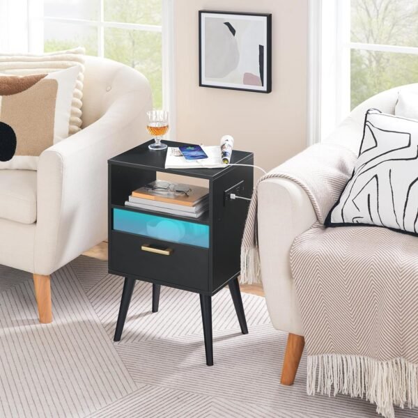 Nightstand with Charging Station and LED Lights, Night Stands with Drawer, End Bedside Table with USB Ports & Outlets, Side Table for Bedroom, LED Nightstands, for Bedroom, Black BB01UDBZ01