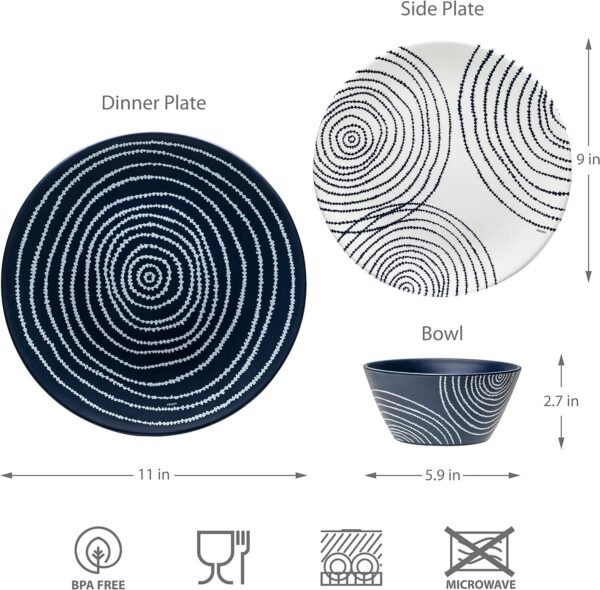 12 Piece Melamine Dinnerware Set - Durable, Dishwasher Safe Blue Plates and Bowls - Dining, Parties, Camping Dish Set Blue Planet Collection