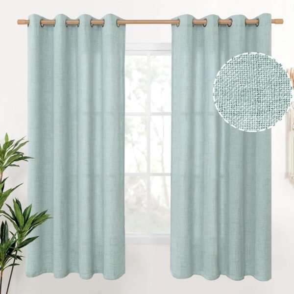 Natural Linen Curtains 63 Inch Length 2 Panels Bronze Grommet Linen Textured Short Window Drapes Light Filtering for Living Room Bedroom, 52 X 63 Inch