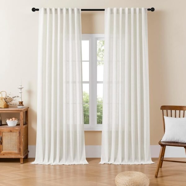 Linen Curtains 2 Panel Set,Light Filtering, Ivory on Linen Curtains 96 Inch Curtains for Living Room, Cream Drapes 96 Inches Long Rod Pocket Back Tab Curtains (96" L x 52" W)