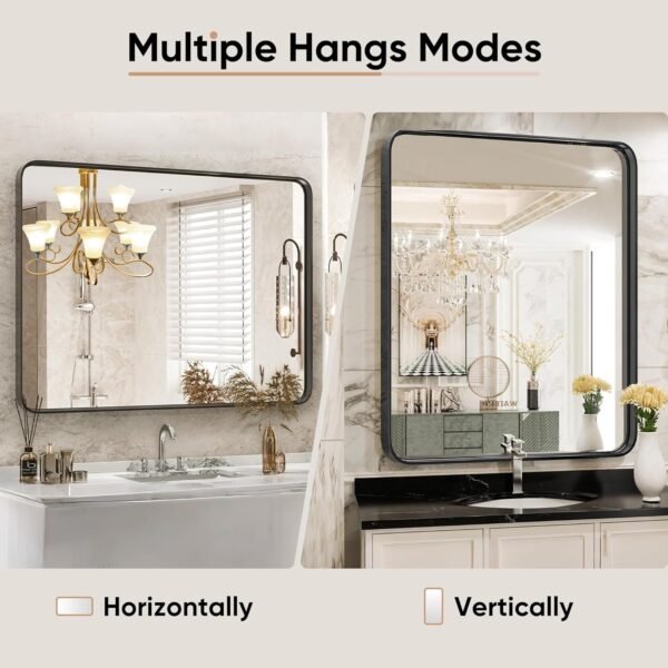 Black Metal Framed Vanity Rounded Rectangle Bathroom Mirrors for Over Sink Wall, 30x22 Inch Matte Large Mirror, Modern Decorative for Restroom, Farmhouse, Horizontally or Vertically Hanging