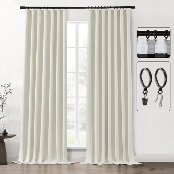 Blackout Curtains 96 Inches Long 2 Panel Set for Living Room,Black Out Room Darkening Thermal Pleated Back Tab Hooks Rings Pleat 8 FT Track Ceiling to Floor Length Curtains for Bedroom Window,Cream