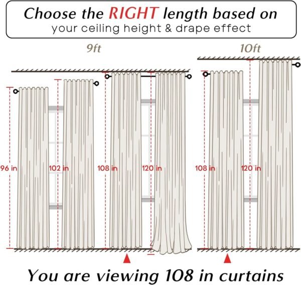 108 Inch Long Blackout Curtains & Drapes for Track System Pleated with Hooks Rings 2 Panels Set,Linen Black Out Back Tab 9FT Ceiling to Floor Length Curtains for Living Room,Cream Ivory