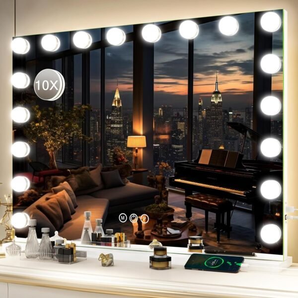 Vanity Mirror with Lights - 15"x12.6" LED Lighted Makeup Mirror, Large Makeup Mirror with Lights, Touch Screen with 3-Color Lighting, Dimmable, for Vanity Desk Tabletop, Bedroom