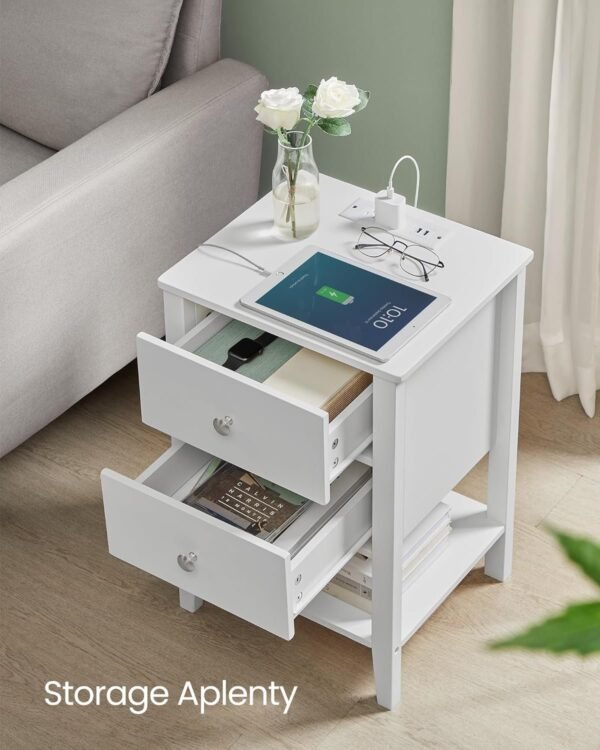 Bamboo Nightstand with Charging Station, Bedside Table with 2 Drawers, Side End Table with Open Shelf, 2 USB-A Ports, 2 AC Outlets, Minimalist, for Bedroom, Cloud White ULET623W01