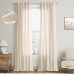 Linen Semi Sheer Curtains 90 Inches Long for Living Room Sliding Glass Door Back Tab Burlap Linen Look Rod Pocket Pinch Pleat Vintage Boho Farmhouse Beige Drapes Oatmeal Beige Colored