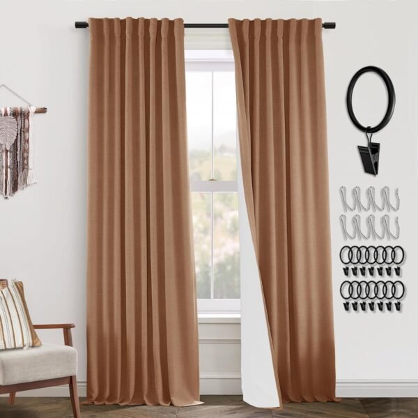 108 Inch Long Blackout Curtains & Drapes for Track System Pleated with Hooks Rings 2 Panels Set,Linen Black Out Back Tab 9FT Ceiling to Floor Length Curtains for Living Room,Cream Ivory