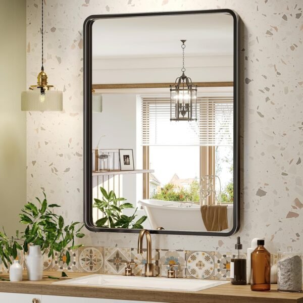 Black Bathroom Mirror for Wall, 24x36 Inch Rectangular Black Metal Framed Mirror, Modern Wall Mounted Vanity Mirror for Bathroom, Vertical or Horizontal