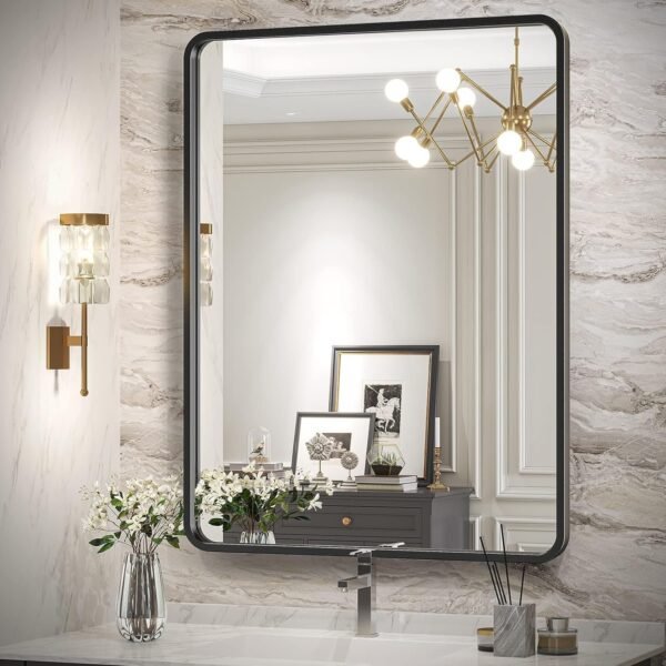 Black Bathroom Mirror for Wall, 24x36 Inch Rectangular Black Metal Framed Mirror, Modern Wall Mounted Vanity Mirror for Bathroom, Vertical or Horizontal