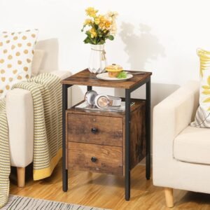 Nightstand, Bedside Table with 2 Drawers and Storage Shelves, Side End Table, Sofa Table for Living Room, Bedroom, Accent Furniture, Easy Assembly, Rustic Brown and Black BF43BZ01G2
