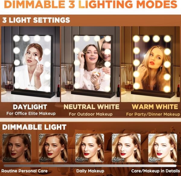 Vanity Mirror with Lights, Black Lighted Makeup Mirror with 12 LED Bulbs for Desk and Wall, Dimmable 3 Lighting Modes, 360-degree Rotating with USB-C and Charger (16”x12”)