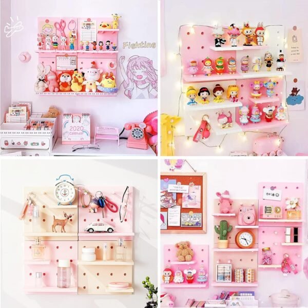 Pegboard Shelf Set with Hooks,Small Plastic Floating Shelves Wall Organizer for Desk, Office, Bathroom, Entryway and Kitchen, No Drilling