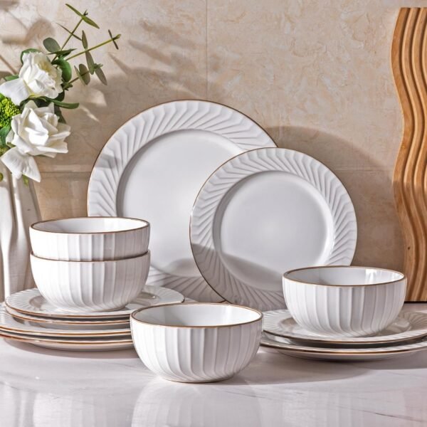 Ceramic Dinnerware Sets, Embossed White Stoneware Plates and Bowls Sets, Housewarming Wedding Gift | Dishwasher & Microwave Safe | Dishes Set Service for 4