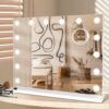 Lighted Makeup Mirror, 14"x 12" Hollywood Vanity Mirror with 9 LED Bulbs, 3 Color Lights, and Detachable 10X Magnification Mirror, 1200mAh Rechargeable, Touch Control, 360°Rotation (White)