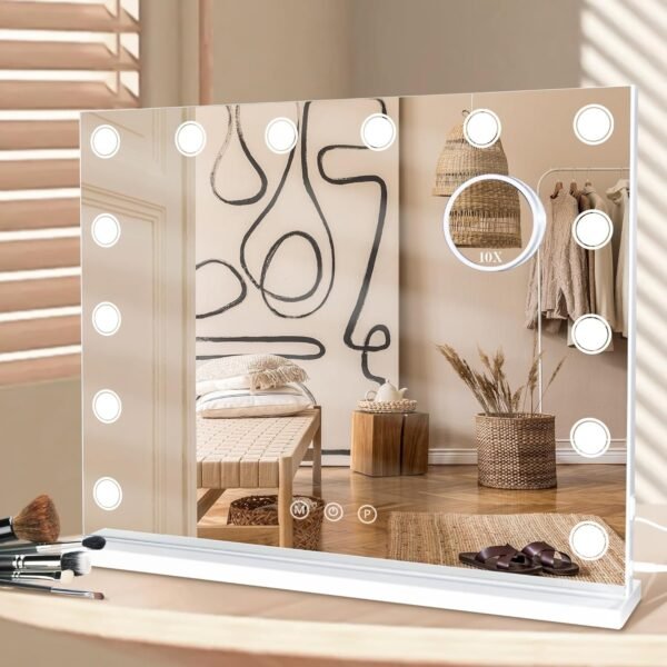 Lighted Makeup Mirror, 14"x 12" Hollywood Vanity Mirror with 9 LED Bulbs, 3 Color Lights, and Detachable 10X Magnification Mirror, 1200mAh Rechargeable, Touch Control, 360°Rotation (White)