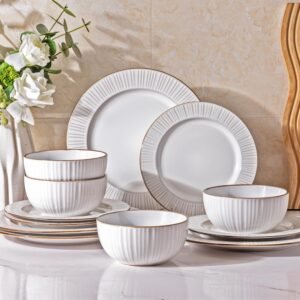 Ceramic Dinnerware Sets, Embossed White Stoneware Plates and Bowls Sets, Housewarming Wedding Gift | Dishwasher & Microwave Safe | Dishes Set Service for 4