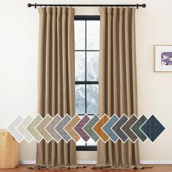Faux Linen Curtains 90 inches Long for Doorway, Pinch Pleated Thick Room Darkening Window Treatments Noise Reducing Privacy for Living Room/Bedroom, Natural, W34 x L90, 2 Panels