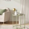 Round Side Table, Glass End Table with Metal Frame, Laurel Green Coffee Table with Modern Style, for Living Room, Balcony, Bedroom, Laurel Green
