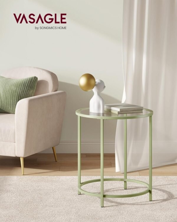 Round Side Table, Glass End Table with Metal Frame, Laurel Green Coffee Table with Modern Style, for Living Room, Balcony, Bedroom, Laurel Green
