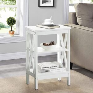Nightstand Sofa Side Table with 3-Tier Storage Shelf for Living Room, Bedroom, Stable Steel Frame, Easy Assembly, End, White