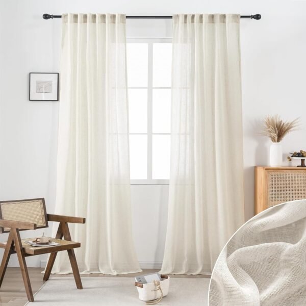 White Linen Sheer Curtains 96 Inch Length for Extra Wide Windows 84 Inch Width 2 Panel Back Tab Pocket Light Filter Semi Sheer Long Skinny Curtains for Living Room Rustic Farmhouse 8 FT Wide 84 x 96