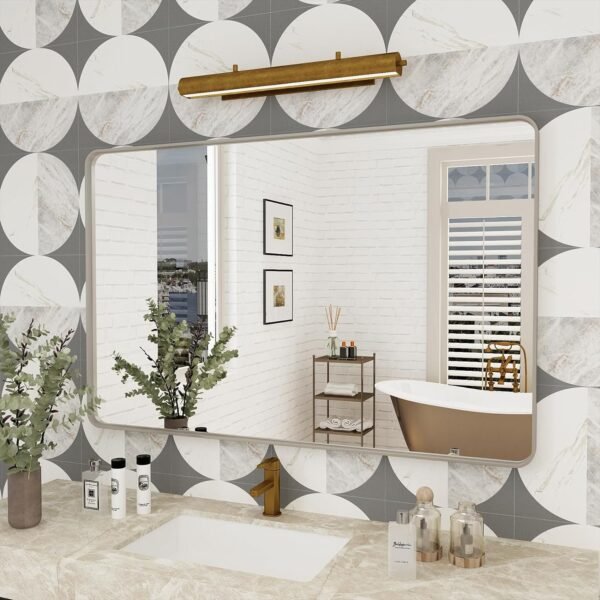 81gLTuYBOfL._AC_SL1500.jpg 20x30 Silver Bathroom Mirror, Silver Wall Mirror for Vanity, Brushed Metal Framed Rectangle Mirror, Anti-Rust, Brushed Nickel,Shatterproof, Round Corners(Horizontally/Vertically)