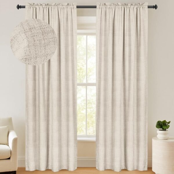 100% Blackout Shield Linen Blackout Curtains 84 Inches Long 2 Panels Set, Blackout Curtains for Bedroom, Thermal Insulated Rod Pocket Window Curtains & Drapes Living Room, 50W X 84L, Beige