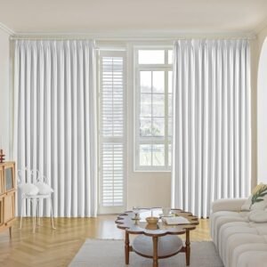Pure White Pinch Pleat Curtain 52" W x 63" L Solid Thermal Insulated 50% Blackout Patio Door Curtain Panel Drape for Traverse Rod and Track with Tieback, (One Panel)