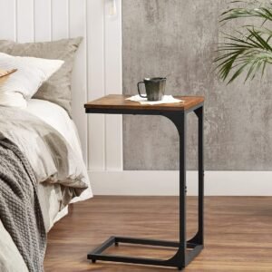 C-Shaped End Table, Small Side Table for Couch, Sofa Table with Metal Frame for Living Room, Bedroom, Bedside, Rustic Brown and Black