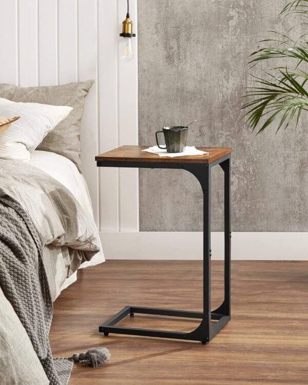 C-Shaped End Table, Small Side Table for Couch, Sofa Table with Metal Frame for Living Room, Bedroom, Bedside, Rustic Brown and Black