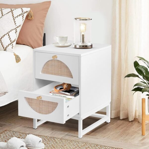 Rattan Nightstand, End Side Table with 2 Rattan Drawers, Wood Square Bedside Table with Storage, Accent Sofa Table for Home Office Living Room Bedroom, White