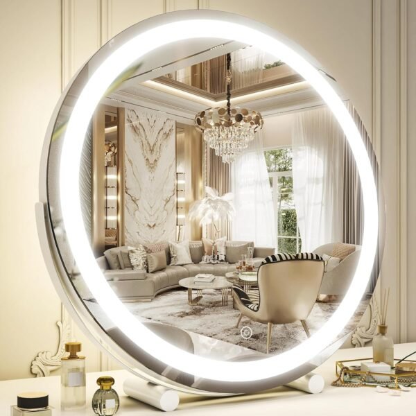 13 Inch Vanity Mirror with Lights, LED Makeup Mirror for Bedroom Makeup, Light up Mirror Smart Touch Control 3 Colors Dimmable, 360 Rotation (White)