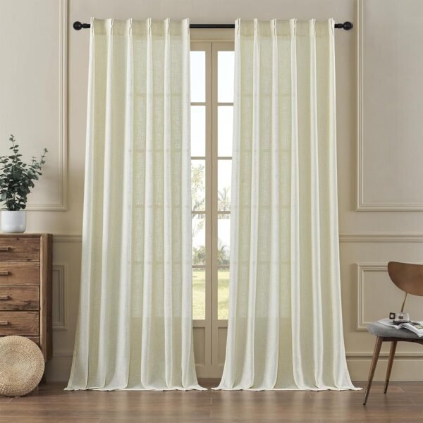 Pleated Linen Curtains 96 Inches Long for Living Room 2 Panel Set, Semi Sheer Pinch Pleat Back Tab Drapes with Hooks Neutral Boho Light Filtering Curtain for Bedroom Window 8 Ft W38xL96