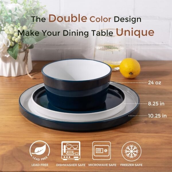 Ceramic Dinnerware Sets for 4,12 -Piece Double Color Stoneware Plates and Bowls Set,Chip and Crack Resistant | Dishwasher & Microwave Safe Dishes Set,Service for 4 -White &Blue