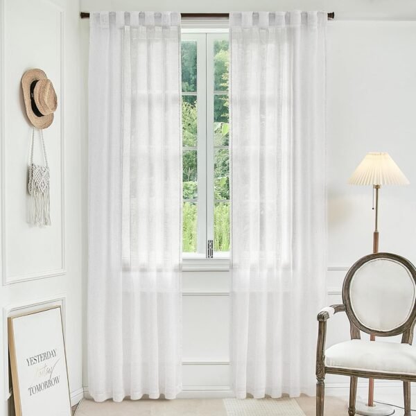 White Linen Sheer Curtains 96 Inch Length for Extra Wide Windows 84 Inch Width 2 Panel Back Tab Pocket Light Filter Semi Sheer Long Skinny Curtains for Living Room Rustic Farmhouse 8 FT Wide 84 x 96