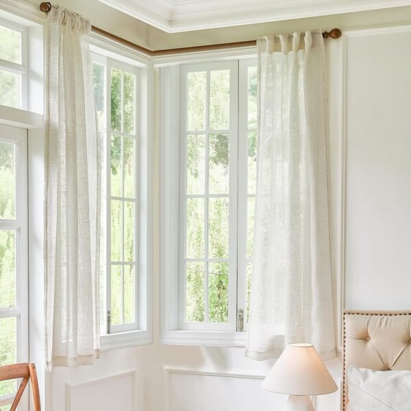 White Linen Sheer Curtains 96 Inch Length for Extra Wide Windows 84 Inch Width 2 Panel Back Tab Pocket Light Filter Semi Sheer Long Skinny Curtains for Living Room Rustic Farmhouse 8 FT Wide 84 x 96