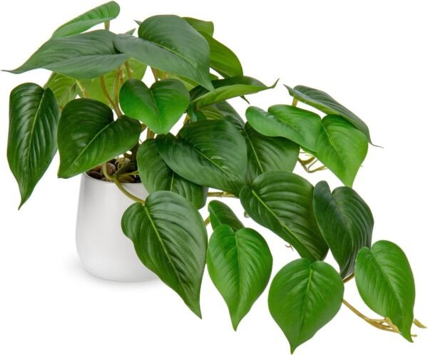 Fake Plants Indoor 8 Inch Artificial Monstera Leaves in Ceramic Pot - Faux Potted Tropical Palm Plant for Home Aesthetic Decor Living Room Shelf Office